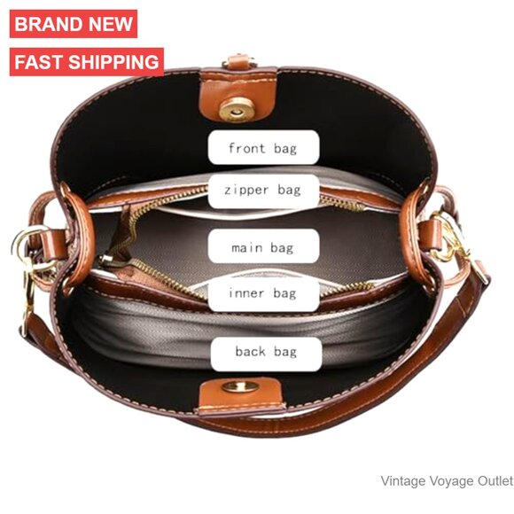 Small PU Leather Crossbody Bucket Bag with Adjustable Strap, Multiple Pockets - Picture 6 of 7